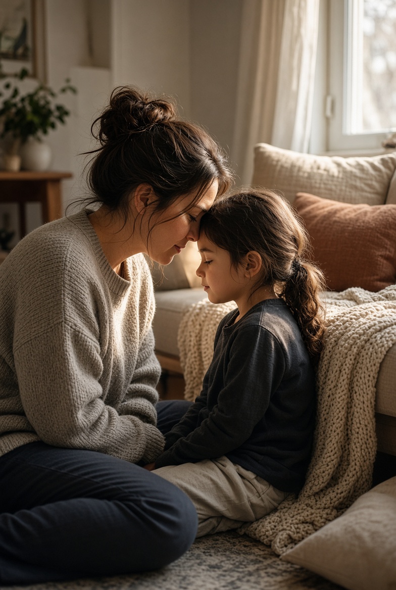 A mother and her young daughter sitting on the floor with their foreheads touching.